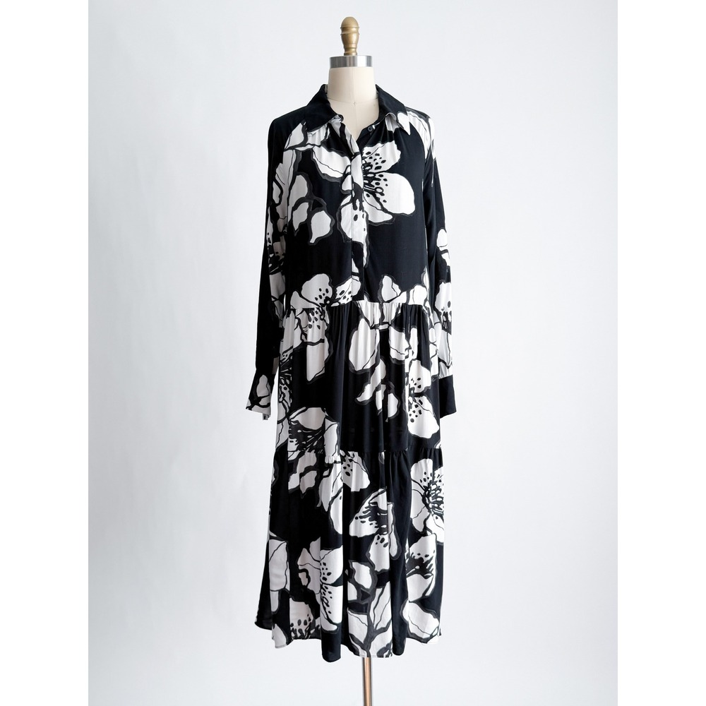 H&M Shirt Dress Floral Tiered Midi Small Black White Long Sleeve Button Front